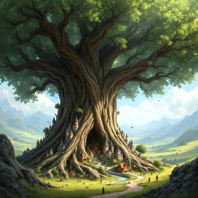 The primary subject of the image is a large tree with a hollow trunk, surrounded by a lush green forest. The setting is a picturesque landscape with a small village nestled in the valley below the tree. The visual style is a combination of digital art and illustration, creating a vibrant and detailed scene. The colors and mood are predominantly green, with a touch of brown from the tree and the village, giving the image a serene and natural atmosphere.